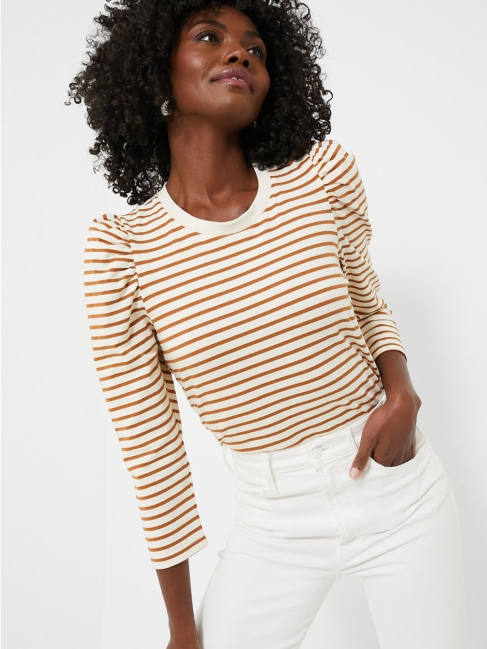 Tuckernuck Pomander Place Striped Puff-Sleeve Long-Sleeve in Cream & Tan